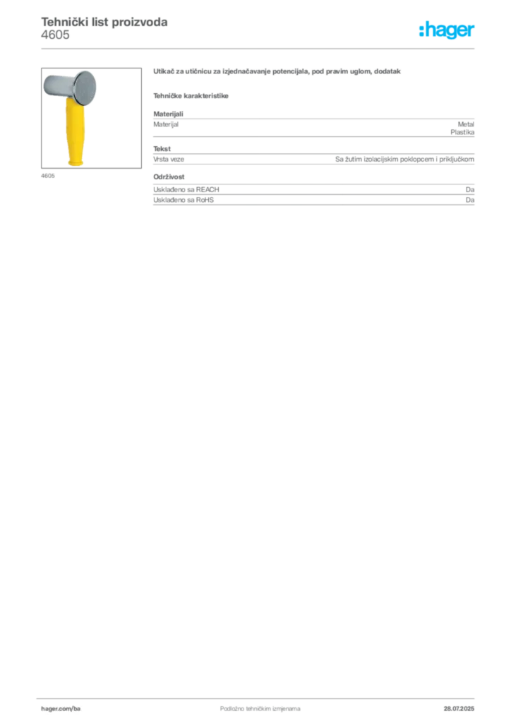 Slika Hager Product data sheet 4605  | Hager
