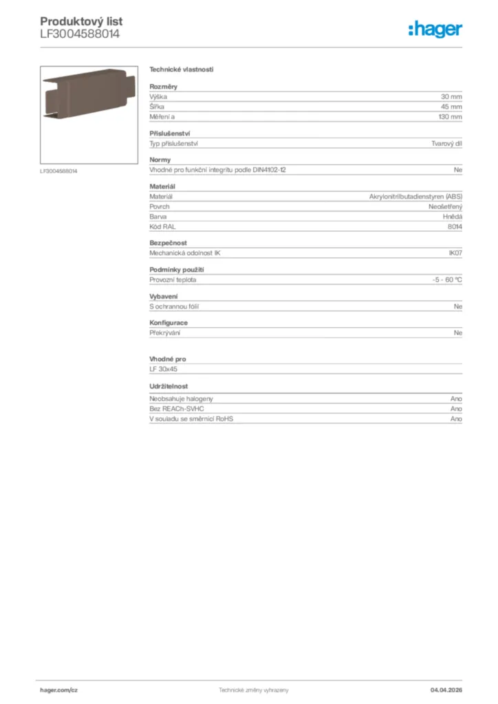 Obrázek Hager Product data sheet LF3004588014 | Hager