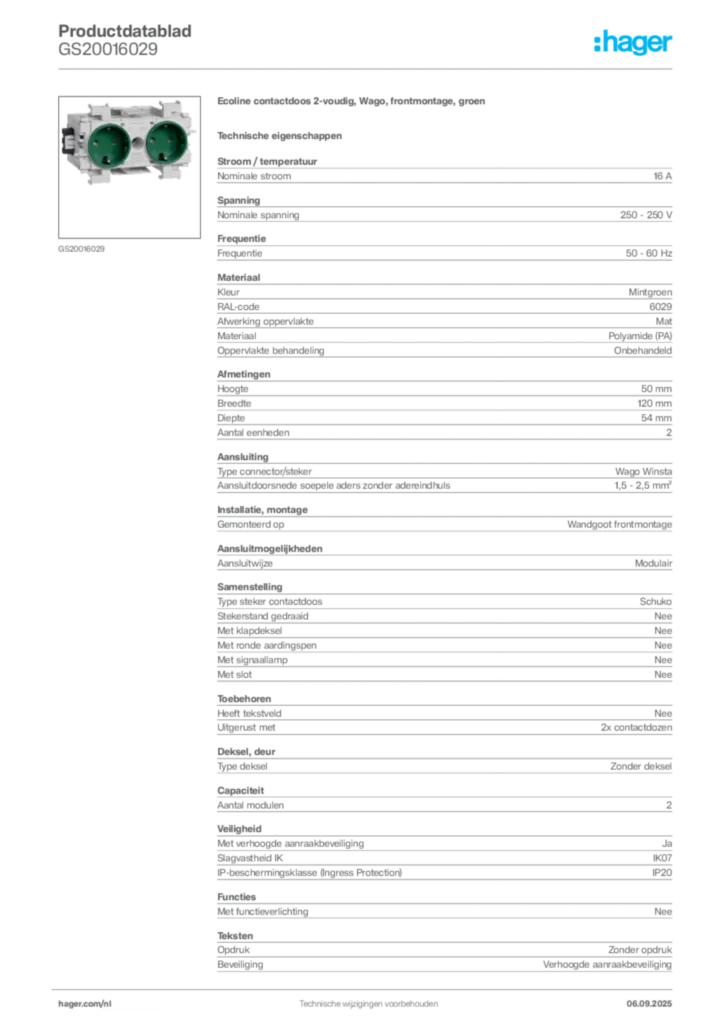 Afbeelding Hager Productdatablad GS20016029 | Hager Nederland