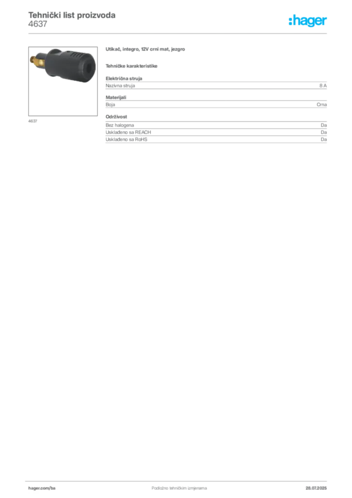 Slika Hager Product data sheet 4637  | Hager