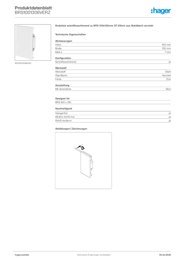 Bild Hager Produktdatenblatt BRS1001306VERZ | Hager Deutschland