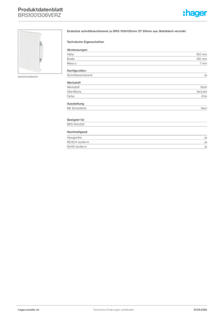 Bild Hager Produktdatenblatt BRS1001306VERZ | Hager Schweiz