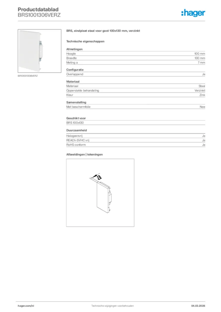 Afbeelding Hager Productdatablad BRS1001306VERZ | Hager Nederland