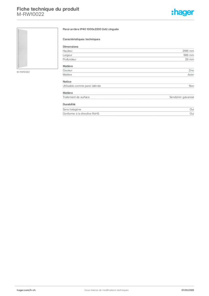 Image Hager Fiche technique du produit M-RW10022 | Hager Suisse