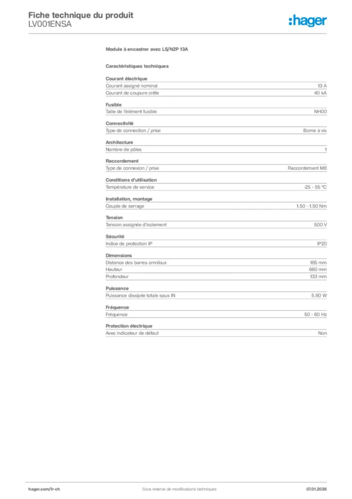 Image Hager Fiche technique du produit LV001ENSA | Hager Suisse