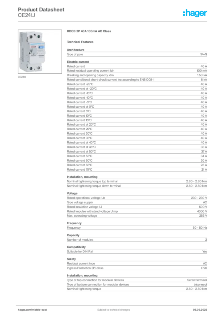 Image Hager Product data sheet CE241J  | Hager