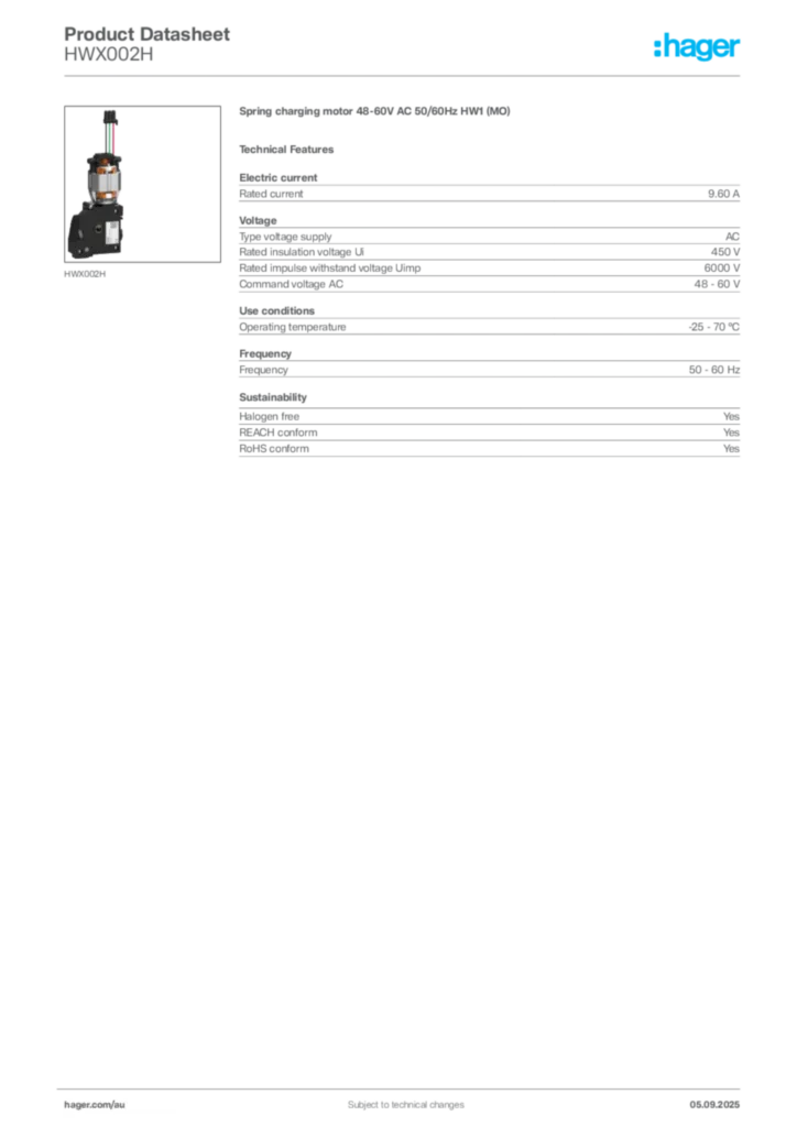 Image Hager Product data sheet HWX002H  | Hager Australia