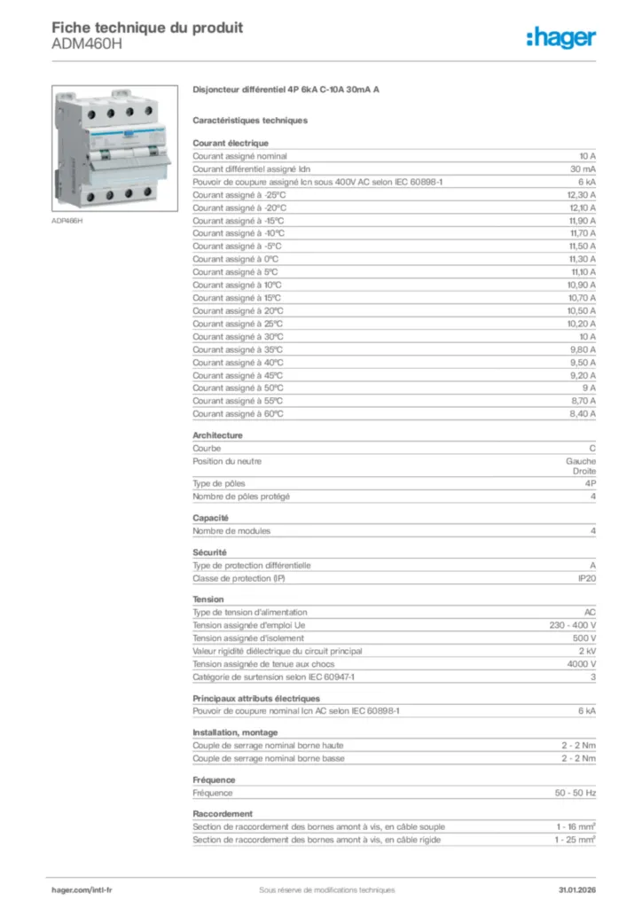 Image Hager Fiche technique du produit ADM460H | Hager Afrique
