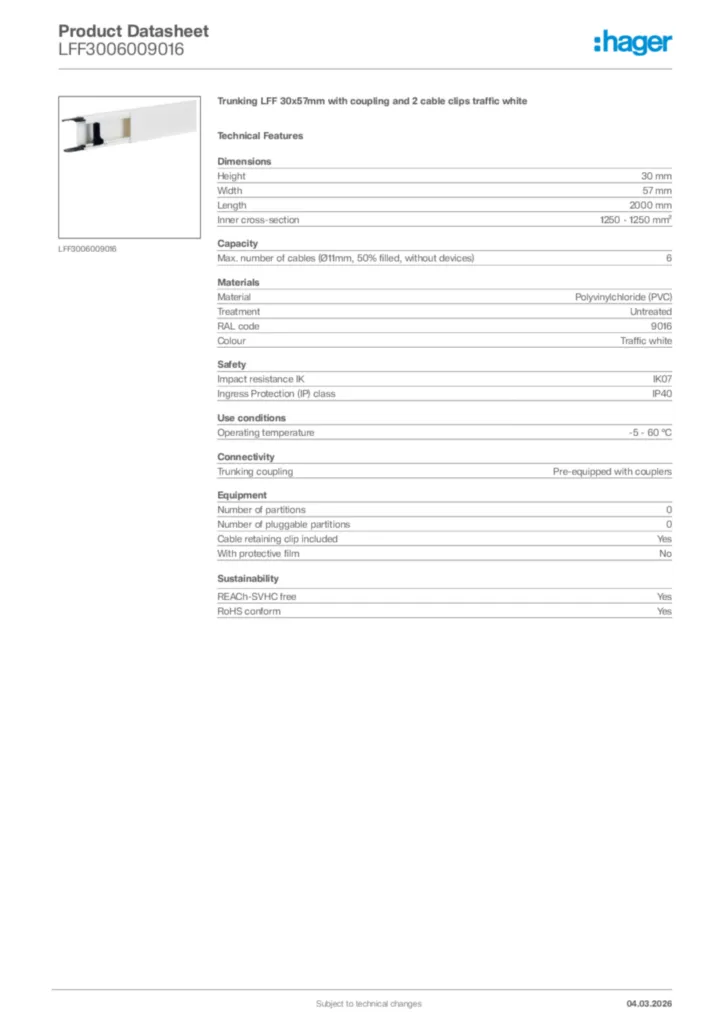 Image Hager Product data sheet LFF3006009016  | Hager Africa