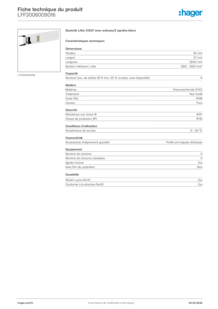 Image Hager Fiche technique du produit LFF3006009016 | Hager France