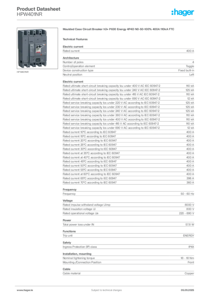Image Hager Product data sheet HPW401NR  | Hager