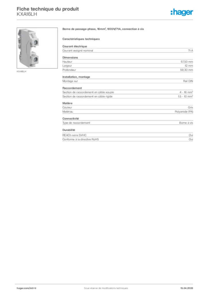 Image Hager Fiche technique du produit KXA16LH | Hager Afrique