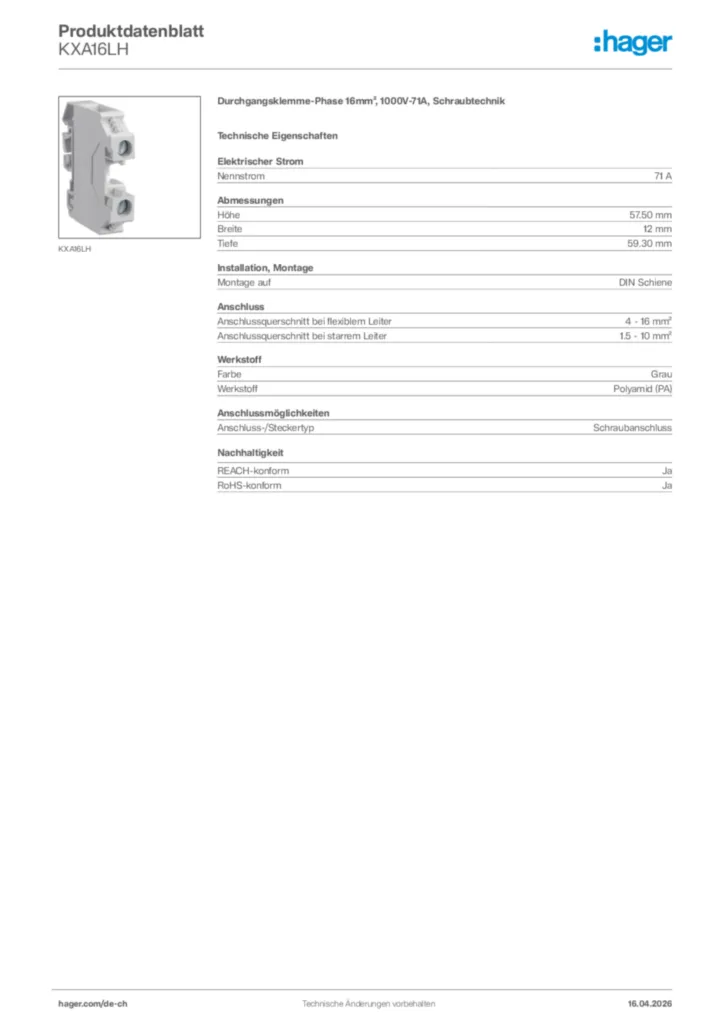 Bild Hager Produktdatenblatt KXA16LH | Hager Schweiz