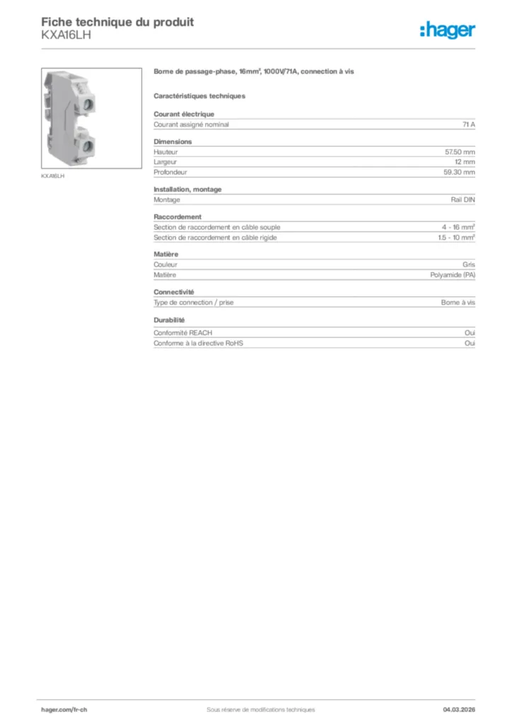 Image Hager Fiche technique du produit KXA16LH | Hager Suisse