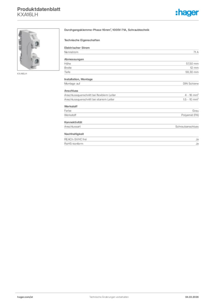 Bild Hager Produktdatenblatt KXA16LH | Hager Deutschland