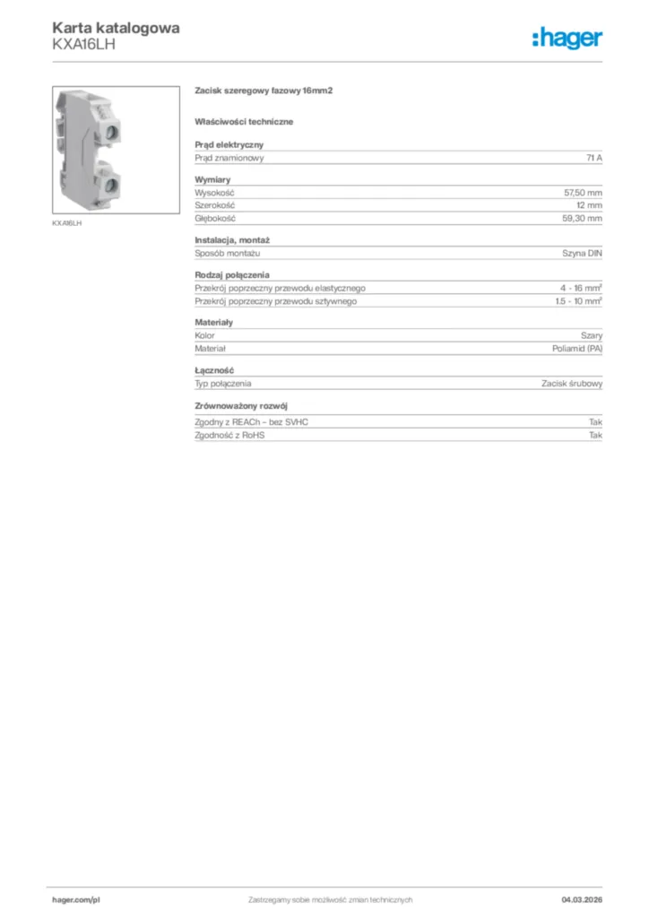 Zdjęcie Hager Karta katalogowa KXA16LH | Hager Polska