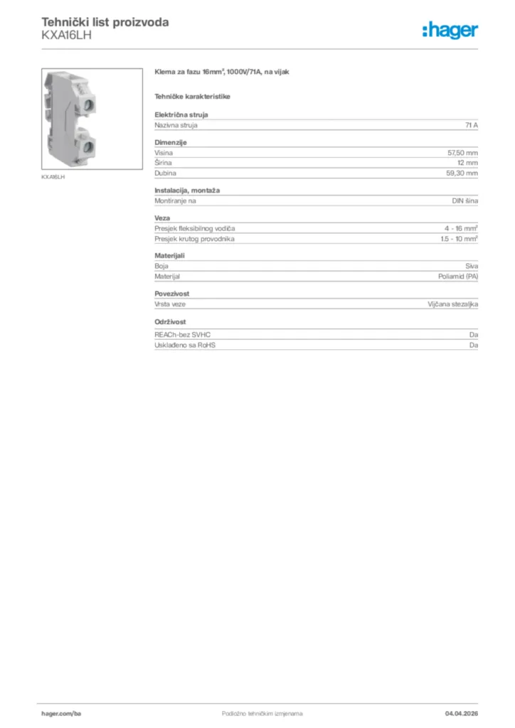 Slika Hager Tehnički list proizvoda KXA16LH  | Hager