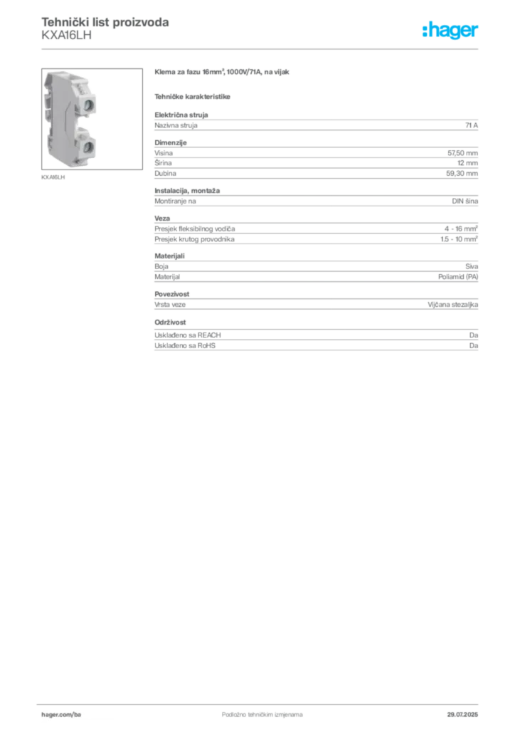 Slika Hager Product data sheet KXA16LH  | Hager