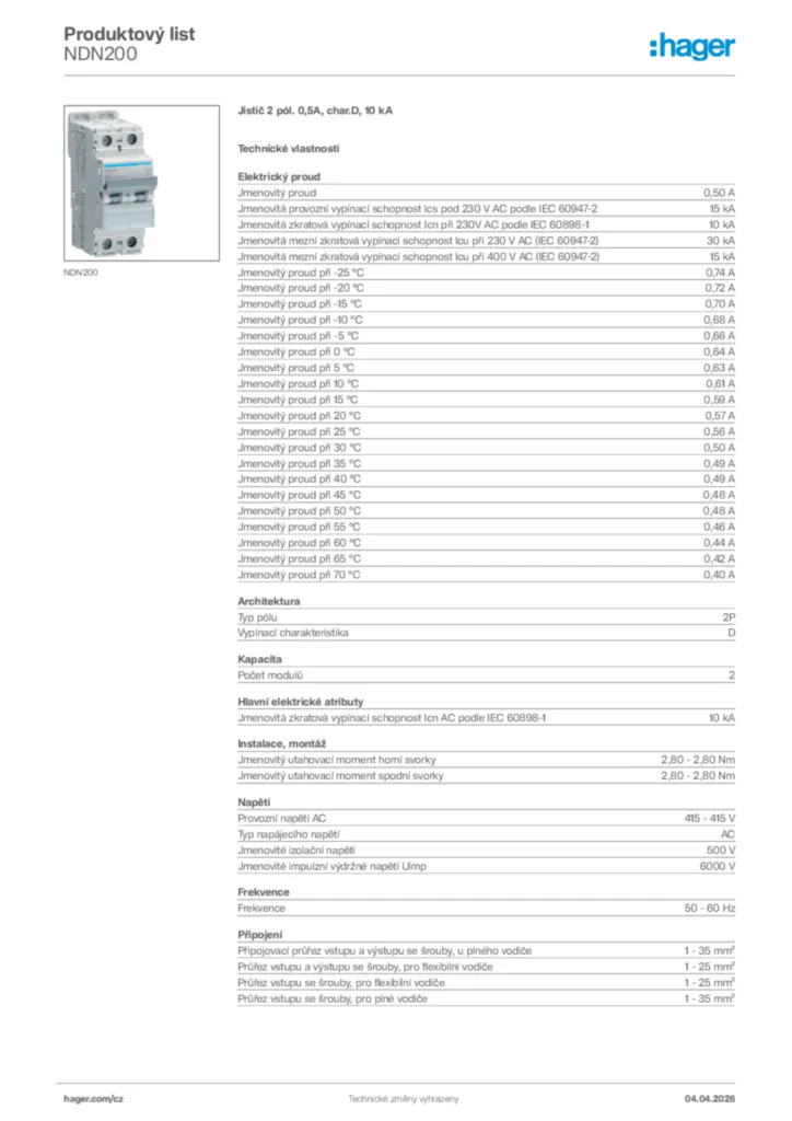 Obrázek Hager Product data sheet NDN200 | Hager
