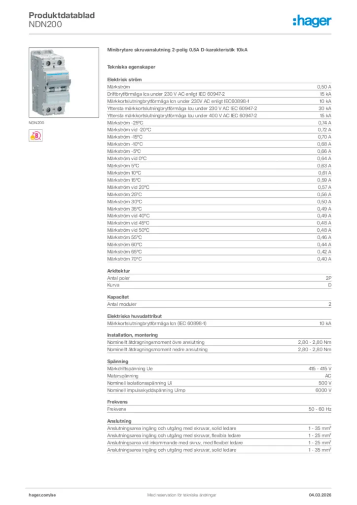 Bild Hager Produktdatablad NDN200 | Hager Sverige
