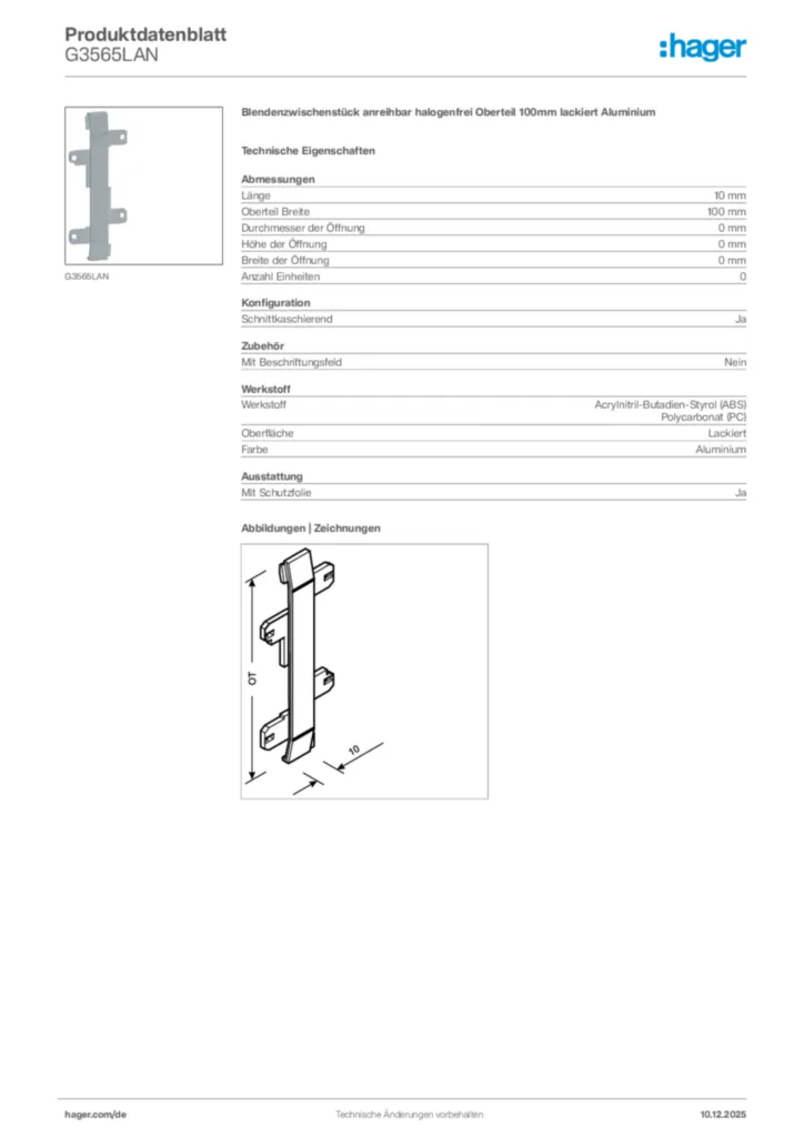 Bild Hager Produktdatenblatt G3565LAN | Hager Deutschland