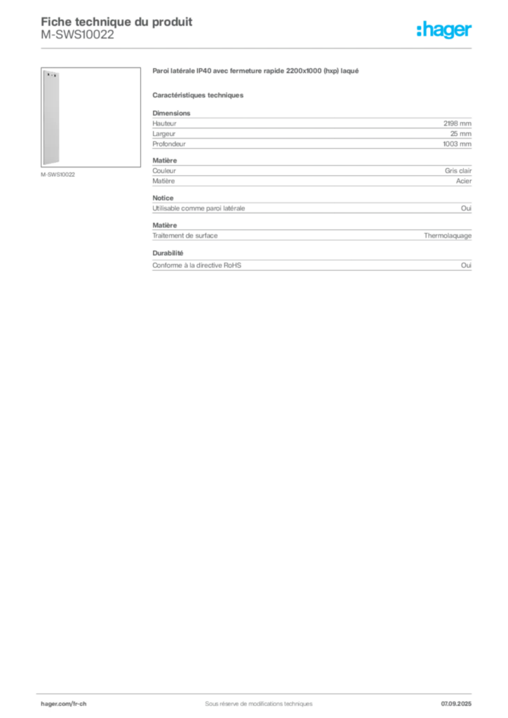 Image Hager Fiche technique du produit M-SWS10022 | Hager Suisse