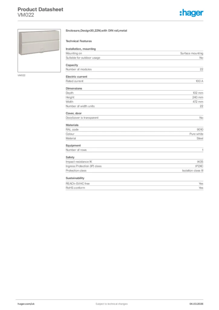 Image Hager Product data sheet VM022  | Hager