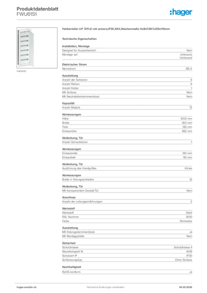 Bild Hager Produktdatenblatt FWU61S1 | Hager Schweiz