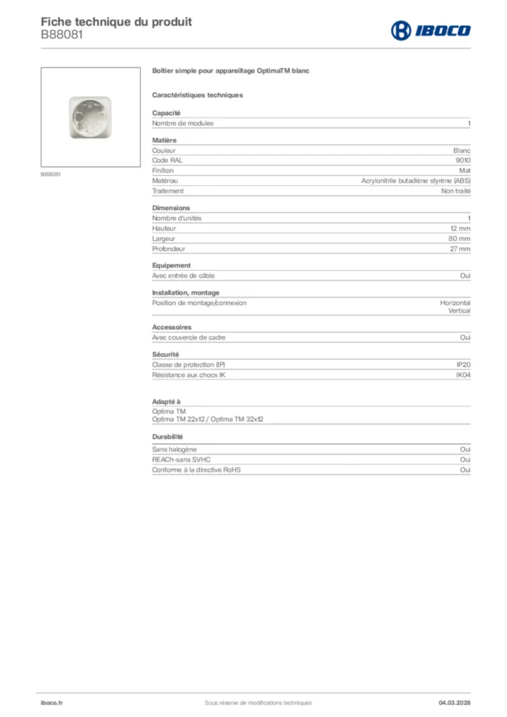 Image Iboco Fiche technique du produit B88081 | Hager France