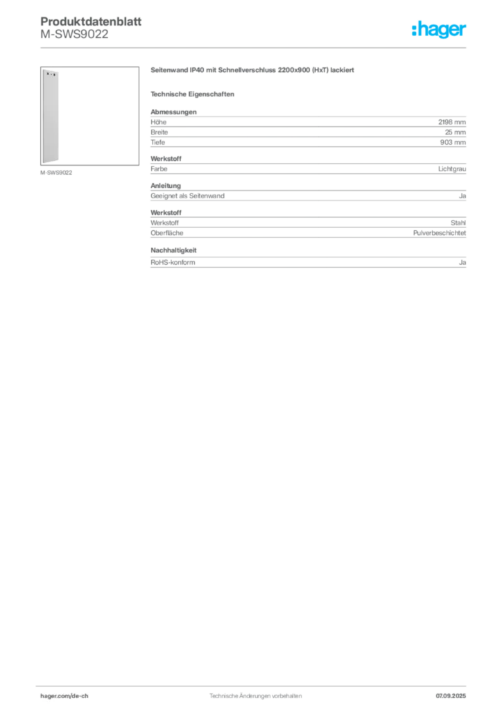 Bild Hager Produktdatenblatt M-SWS9022 | Hager Schweiz