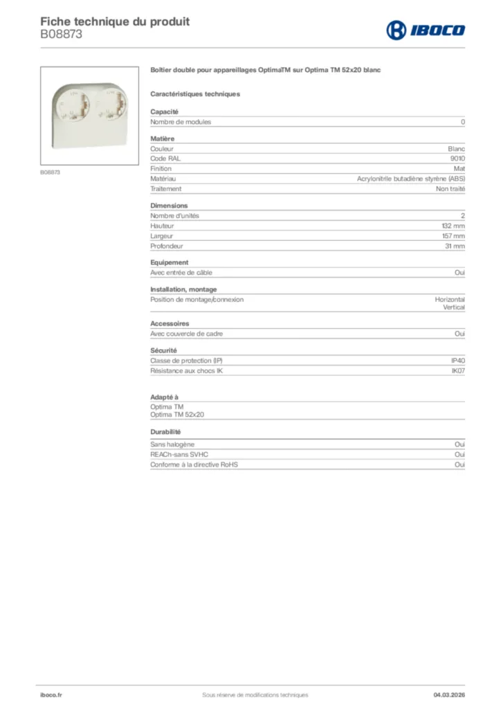 Image Iboco Fiche technique du produit B08873 | Hager France