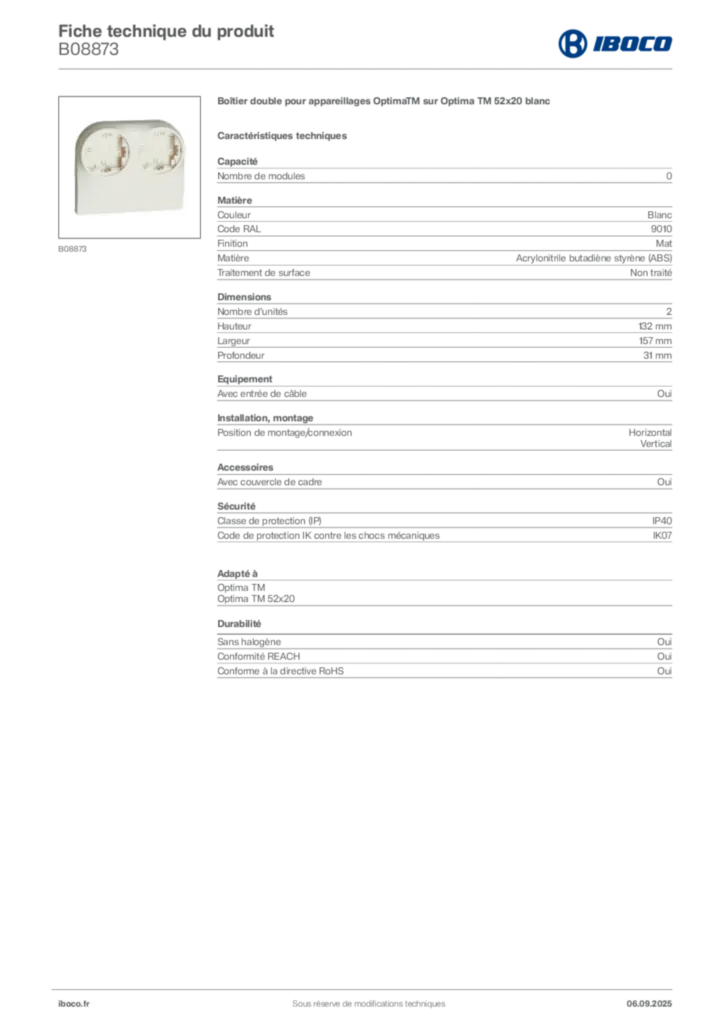 Image Iboco Fiche technique du produit B08873 | Hager France