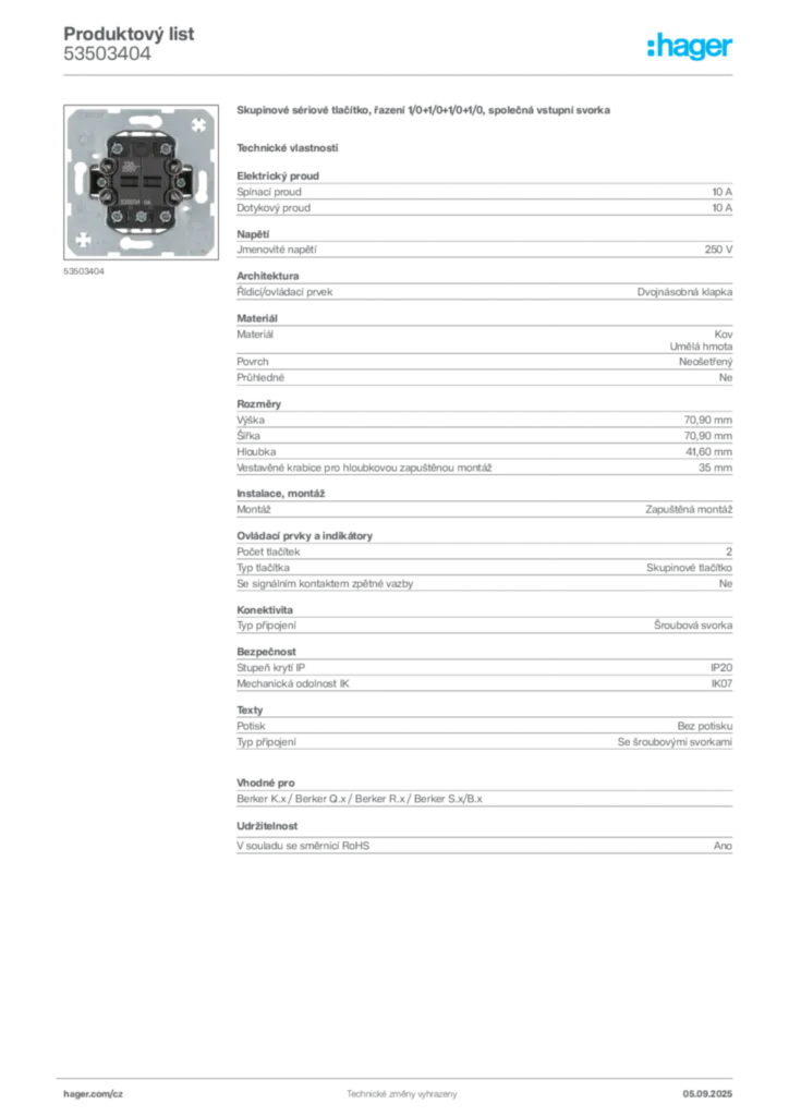 Obrázek Hager Produktový list 53503404 | Hager