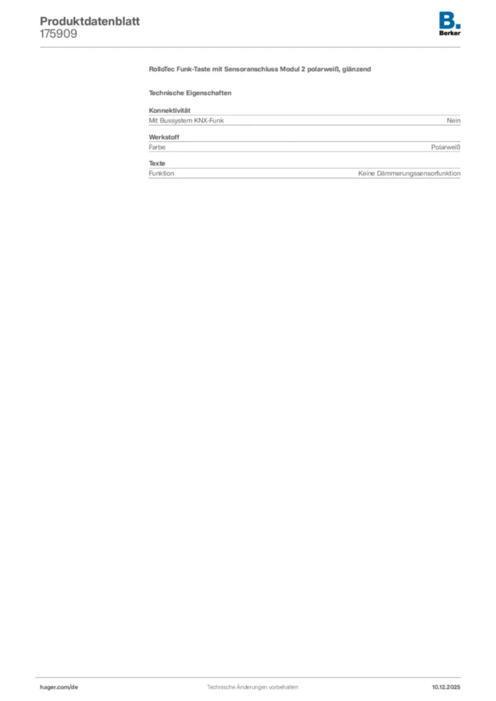 Bild Berker Produktdatenblatt 175909 | Hager Deutschland
