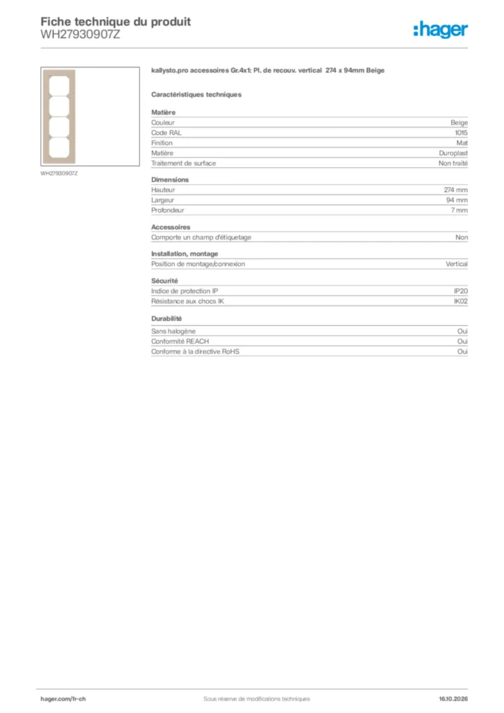 Image Hager Fiche technique du produit WH27930907Z | Hager Suisse