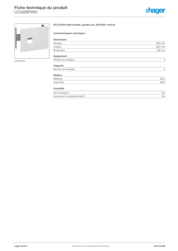 Image Hager Fiche technique du produit UC486PWN | Hager France