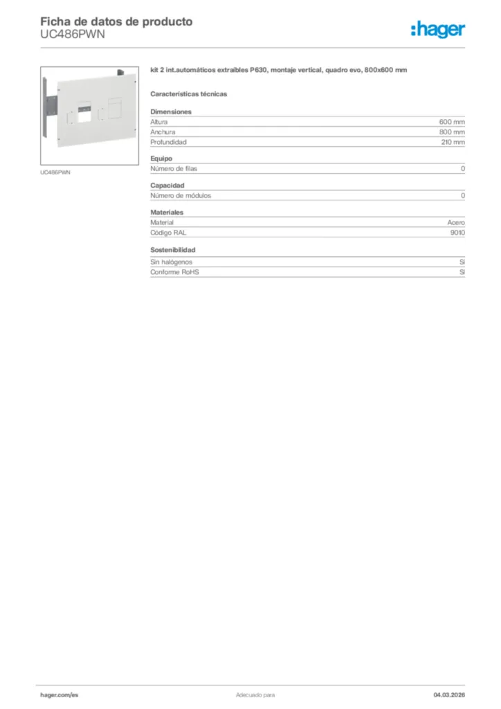 Imagen Hager Ficha de datos de producto UC486PWN | Hager España
