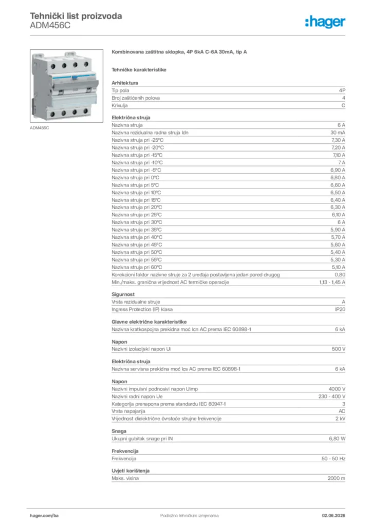 Slika Hager Tehnički list proizvoda ADM456C  | Hager
