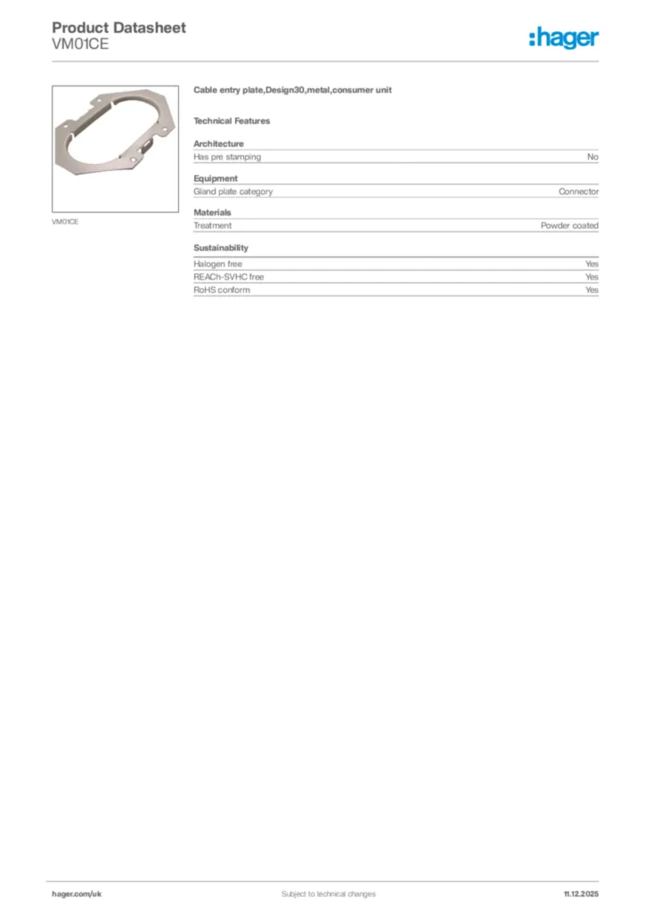 Image Hager Product data sheet VM01CE  | Hager