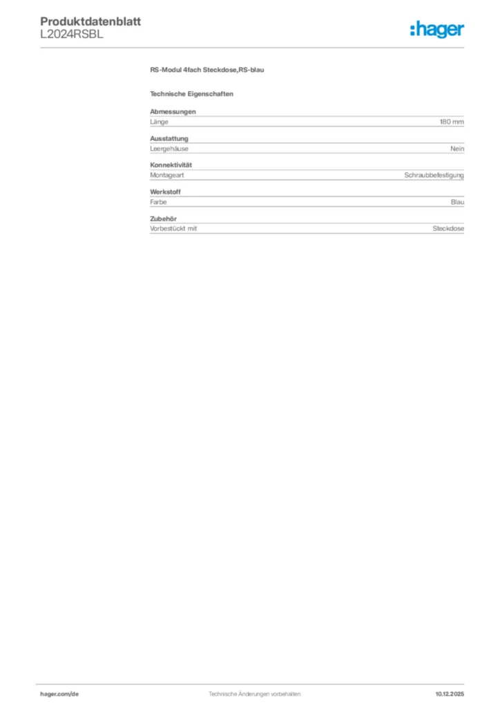 Bild Hager Produktdatenblatt L2024RSBL | Hager Deutschland