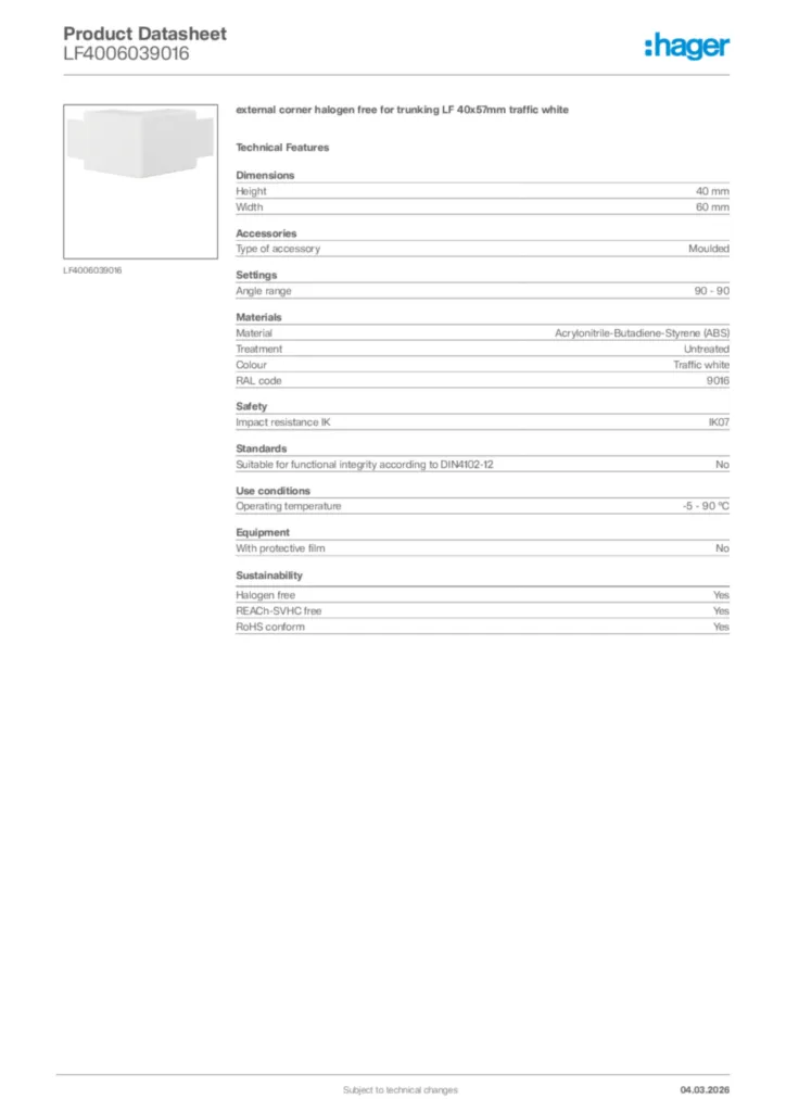 Image Hager Product data sheet LF4006039016  | Hager Africa