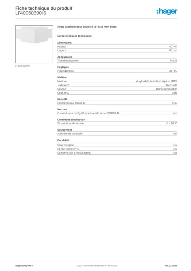 Image Hager Fiche technique du produit LF4006039016 | Hager Afrique
