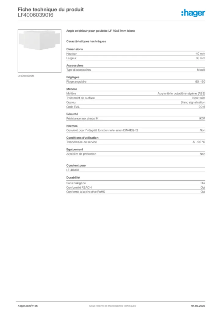 Image Hager Fiche technique du produit LF4006039016 | Hager Suisse