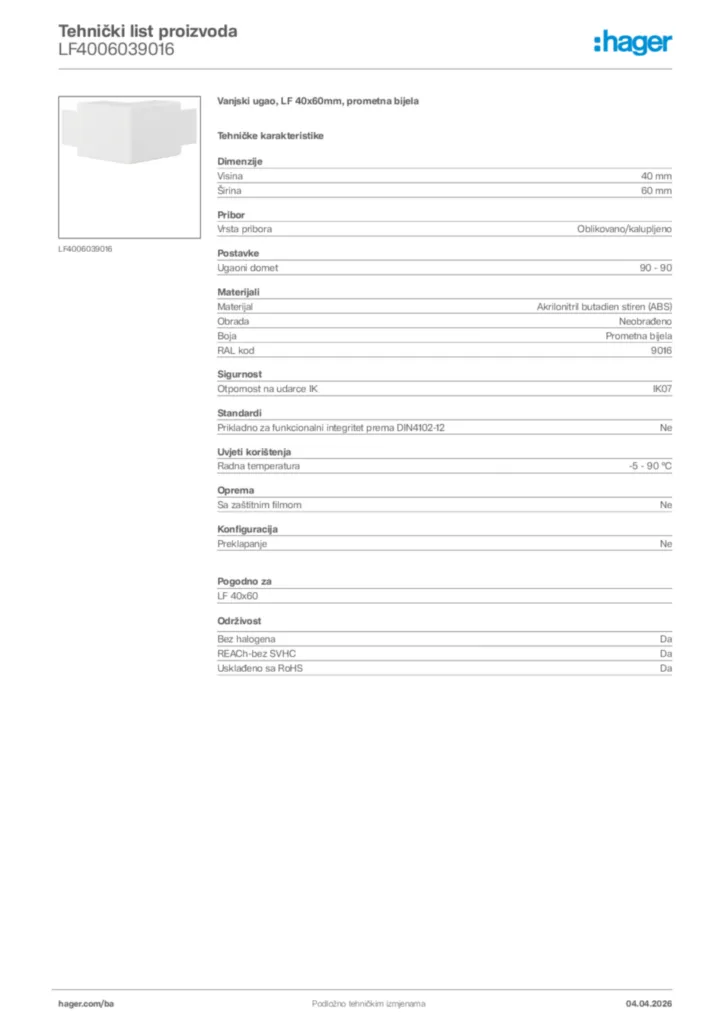 Slika Hager Tehnički list proizvoda LF4006039016  | Hager