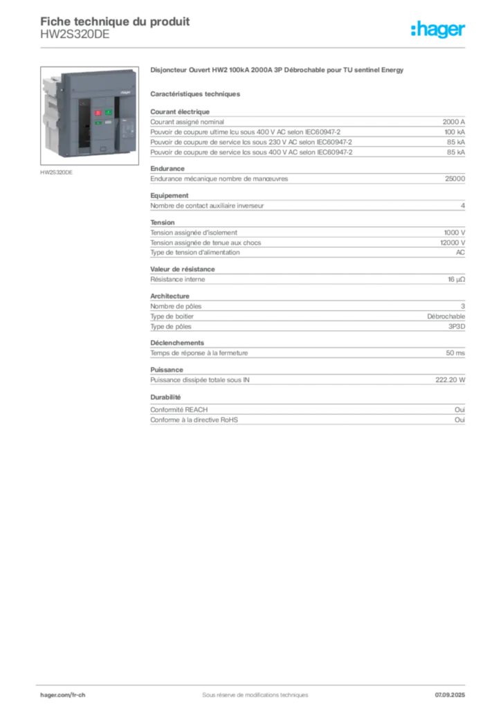 Image Hager Fiche technique du produit HW2S320DE | Hager Suisse