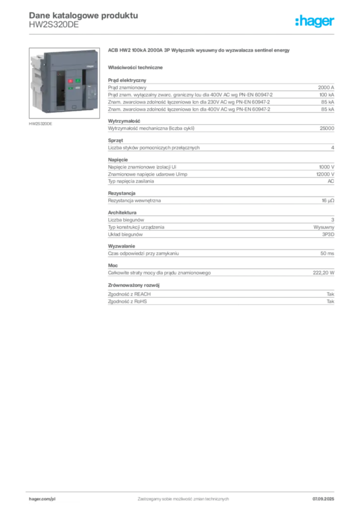 Zdjęcie Hager Dane katalogowe produktu HW2S320DE | Hager Polska