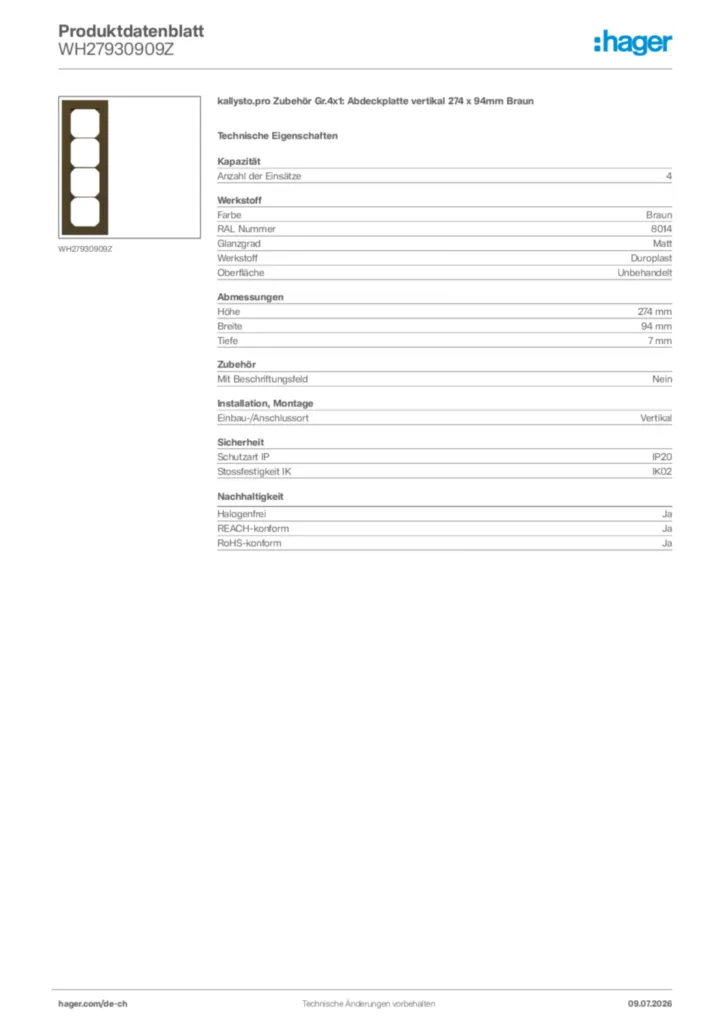 Bild Hager Produktdatenblatt WH27930909Z | Hager Schweiz