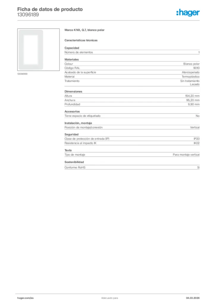 Imagen Hager Ficha de datos de producto 13096189 | Hager España