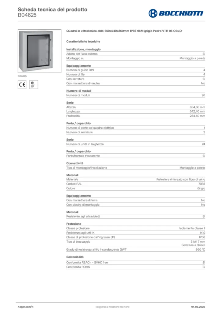 Immagine Bocchiotti Scheda tecnica del prodotto B04625 | Hager Italia