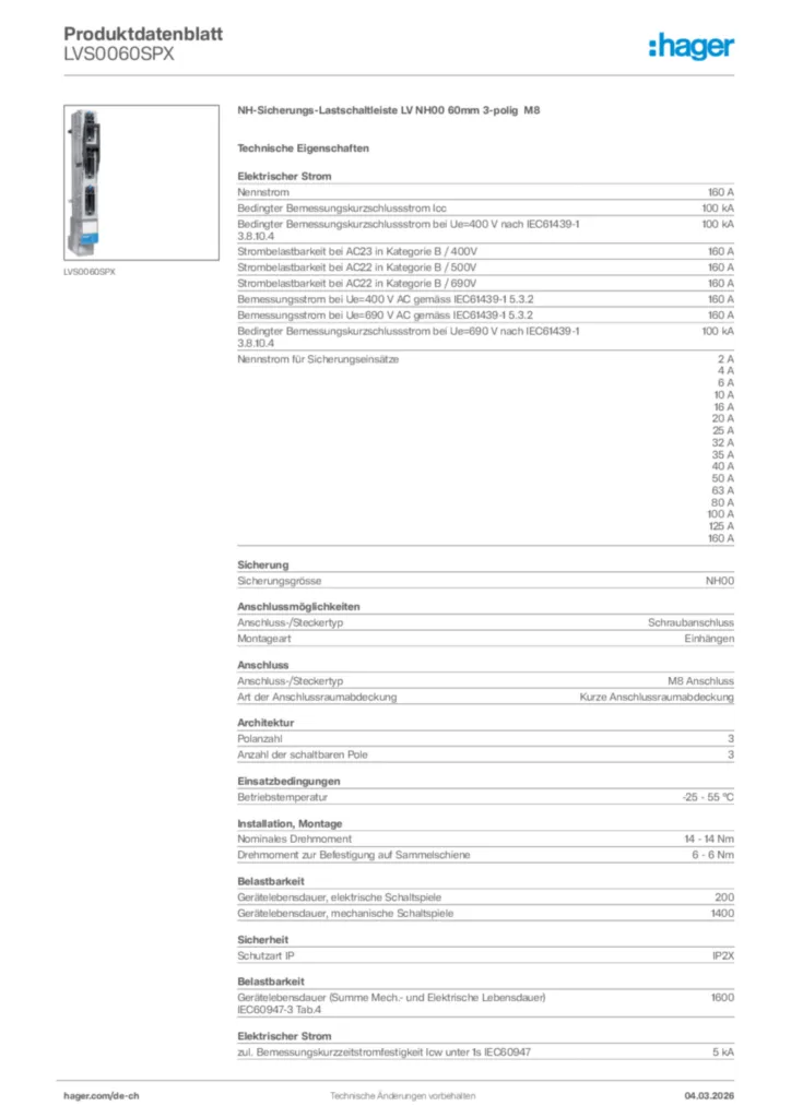 Bild Hager Produktdatenblatt LVS0060SPX | Hager Schweiz